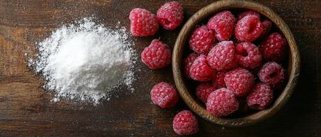 Fresh raspberries and sugar on a wooden surface photo