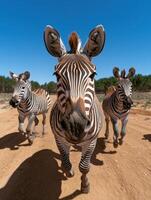Three zebras running towards the camera on a dirt road photo