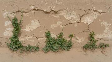 Weathered wall with cracks and small plants growing in them photo