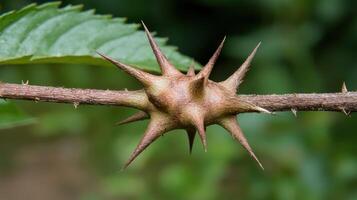 Close up of a thorny plant stem with sharp points photo