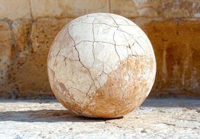 Ancient stone sphere with cracks and weathered texture photo