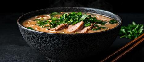 Delicious and steaming bowl of beef noodle soup photo