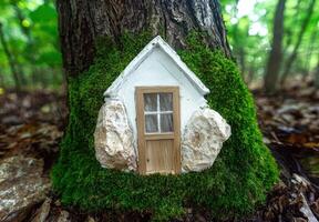 Miniature fairy house nestled in moss on a tree trunk photo