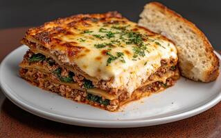 Delicious lasagna with melted cheese and fresh parsley photo