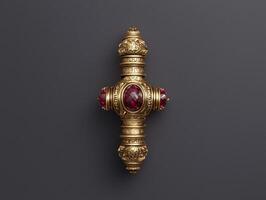 Ornate gold cross pendant with ruby gemstones photo