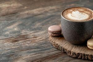 Latte art in a dark gray mug with chocolate macarons on a wooden board photo