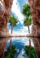 Palm trees reflecting in a clear pool of water photo