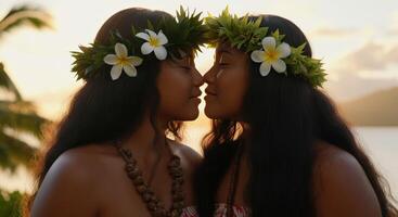 Celebrating unity and nature with polynesian women in traditional attire at sunset photo