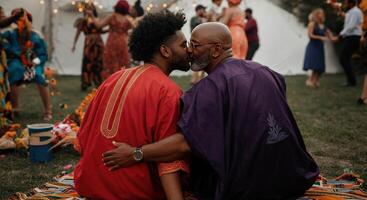 Cultural celebration with african attire and embracing generations in festive gathering photo