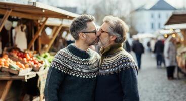 Romantic moment between mature caucasian men at outdoor winter market photo