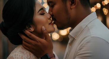 Romantic evening close-up of asian couple kissing with string lights in background for valentine design photo