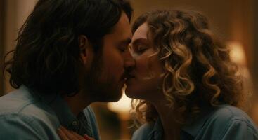 Romantic caucasian couple sharing tender kiss in intimate setting photo