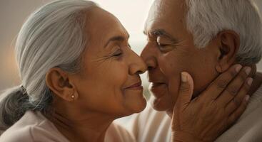 Mature couple in love embracing life's moments with a joyful close-up connection photo