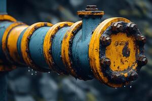 Industrial Pipeline with Water Droplets - Close-up of Rusty Metal Infrastructure photo