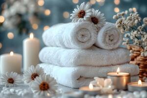Spa Relaxation with Towels, Candles, and Flowers for Tranquil Ambiance photo