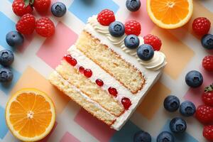 Fruit-Topped Slice of Vanilla Cake with Blueberries, Raspberries, and Oranges on Patterned Background photo