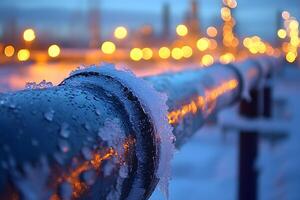 Winter Pipeline at Dusk Industrial Infrastructure in Frosty Setting photo