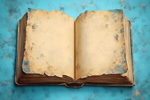 Antique Book with Weathered Pages on Vintage Blue Background for Historical Imagery photo
