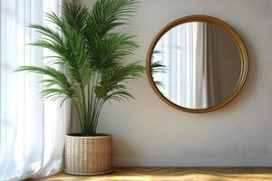 Modern Interior Design with Potted Palm and Elegant Round Mirror photo