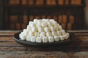 Plate of Marshmallows Stacked on Rustic Wooden Table for Dessert Presentation photo