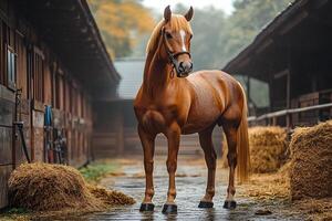 Majestic Chestnut Horse Standing in Rustic Stable Setting for Equestrian Beauty and Grace photo