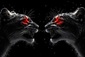 Dual Fierce Panthers with Illuminated Eyes on Snowy Night for Bold Design photo