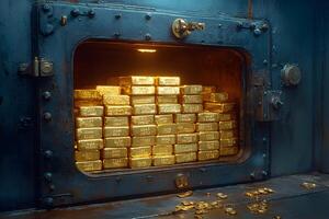 Stacks of Gold Bars in Vault with Open Door for Wealth and Security Concept photo
