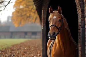 Autumn Equine Beauty in Rustic Stable Setting for Nature Posters and Decor photo