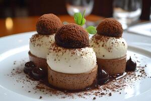 Chocolate Delight Trio with Cream and Cocoa for Dessert Menu Design photo