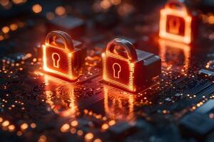 Cybersecurity Concept with Glowing Padlocks on Circuit Board for Tech Design photo
