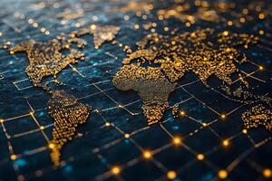Digital World Map with Glowing Nodes for Global Connectivity Visualization photo