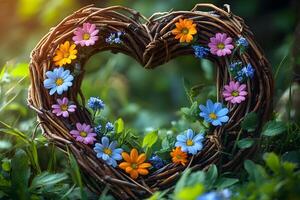 Heart-Shaped Floral Wreath with Vibrant Spring Flowers in Natural Setting for Romantic Designs photo