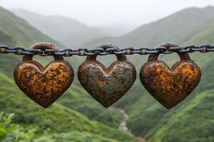 Rustic Heart-Shaped Locks on Chain Against Lush Mountain Landscape photo