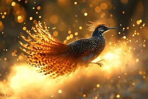 Glowing Crested Bird in Flight Amidst Sparkling Golden Light - Nature's Elegant Spectacle photo