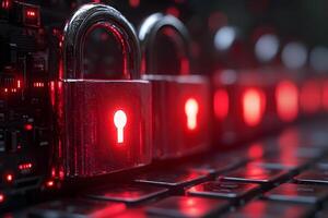 Cybersecurity Concept with Glowing Lock on Computer Keyboard for Digital Security photo