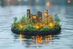 Floating Miniature Cityscape Island with Illuminated High-Rises on Water photo