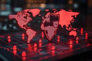 Global Cybersecurity Network with Digital Shield and Map Visualization photo