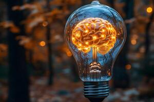 Illuminated Brain Inside Light Bulb in Autumn Forest - Creativity and Innovation Concept photo