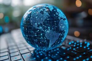 Digital Transformation Concept with Globe and Keyboard for Technology Themes photo