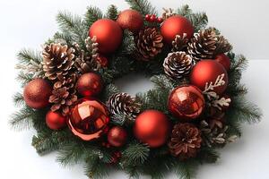 Festive Christmas Wreath with Pine Cones and Red Ornaments for Holiday Decor and Design photo