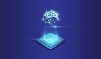 The artifical intelligence technology concept on Brightly glowing AI chip with light circuit board on technology blue background. the CPU processor Computer microchip vector