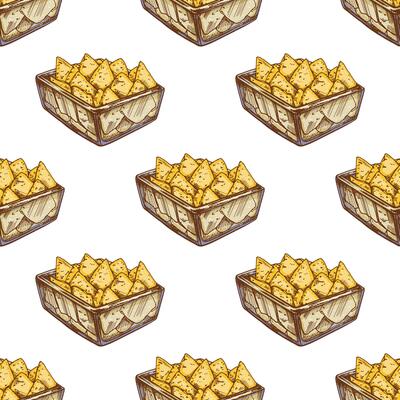 Colored seamless pattern of nachos in a glass bowl. Vintage drawing of nachos. black ink outline food sketch illustration. Mexican food, cuisine. An illustration for the menu.