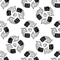 Seamless recycling pattern outline doodle illustration with hearts vector