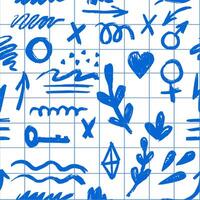 Blue pencil brush seamless pattern on checkered background, chalk stroke for highlighting. illustration in children's style. Crayon brush scribble, square, spiral, arrow. vector