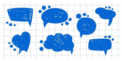 Speech bubble, speech balloon, chat bubble hand drawn sketch, icons for apps and website. Brush elements on checkered background, brush with crayon effect vector