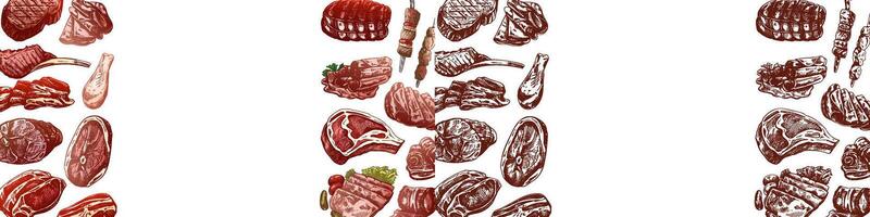 Horizontal illustration of assorted meat cuts with hand-drawn sketches vector