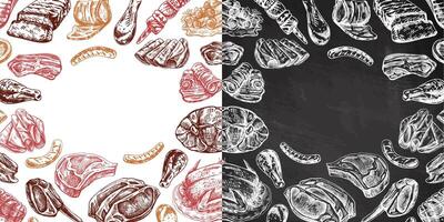 Hand-drawn seamless meat pattern with chalkboard and white backgrounds vector