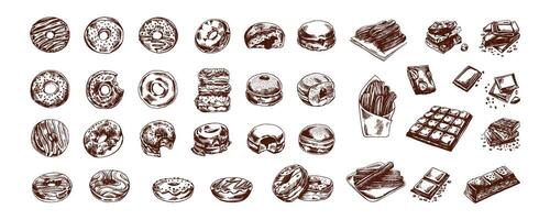 Hand-drawn sketch set of donuts, churros, and chocolates vector