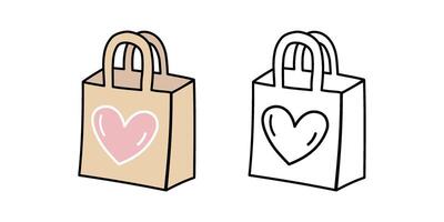 Reusable paper bag doodle flat and outline illustration with heart symbol vector