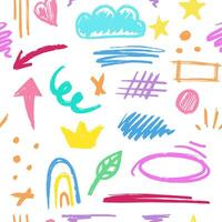 Pencil color brush seamless pattern, brush with crayon effect, chalk texture. illustration in children's style. Crayon brush colored scribble, square, spiral, arrow. vector